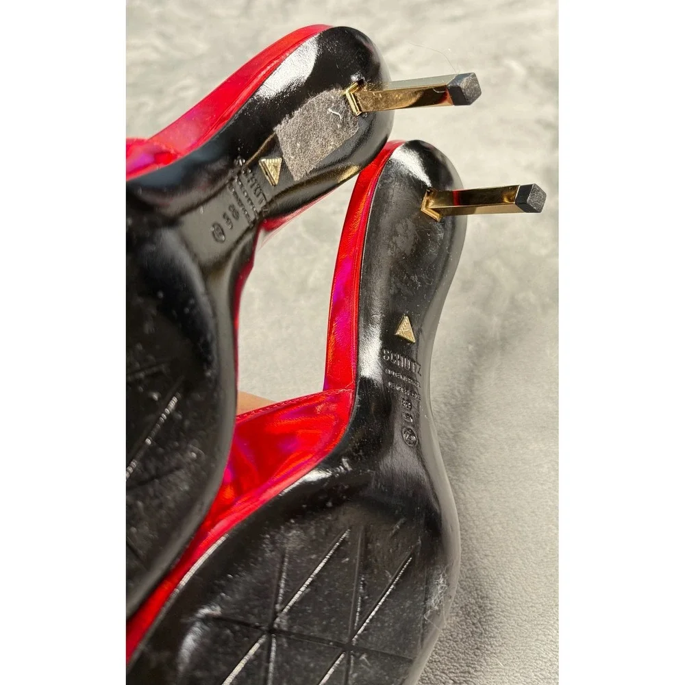 Schutz Sandals Womens 8B Red Holographic Square Toe Heels Slide